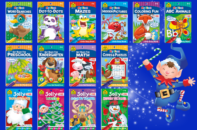 fourteen little activity books from School Zone for Holiday gift giving with an illustrated elf kicking up some magical sparkle next to the books