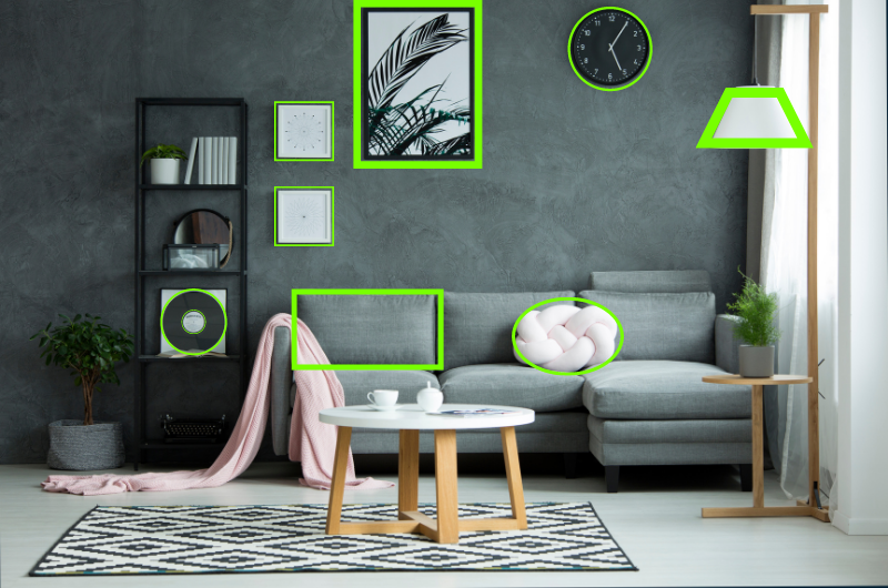 photo of living room with a variety of basic shapes highlighted in neon green