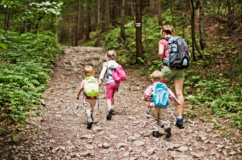 mom and 3 young kids all with backpacks hiking on a trail through the woods in summer