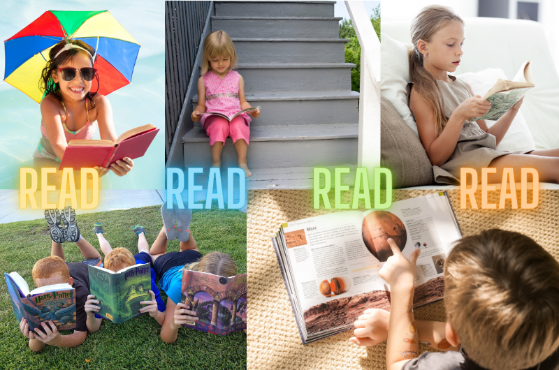 a collage of five different photos of young kids reading over the summer with four neon words saying READ spread across the middle of the image