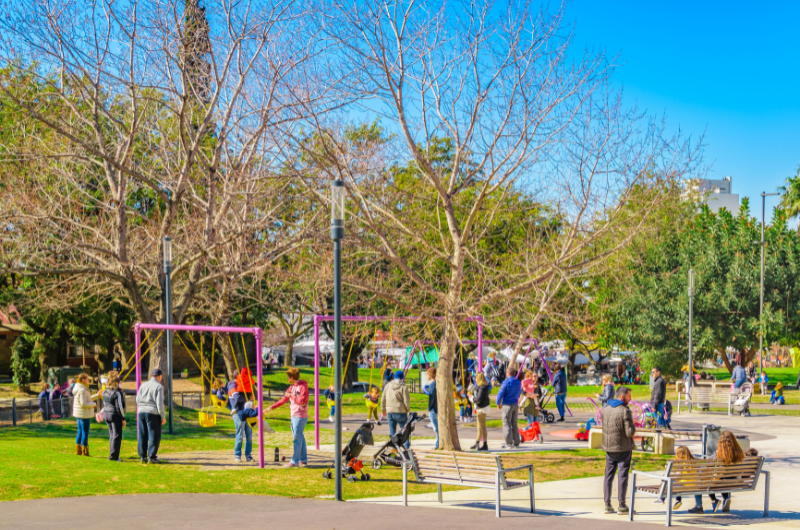 view of a park with many people enjoying the outdoors