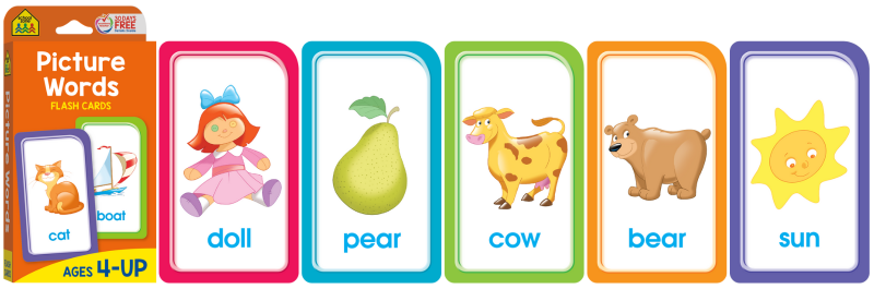 Picture Words Flash Cards from School Zone with five cards showing; doll, pear, cow, bear, sun