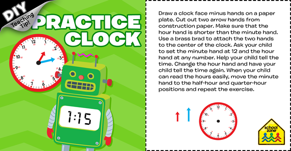 analog clock and a robot and activity instructions