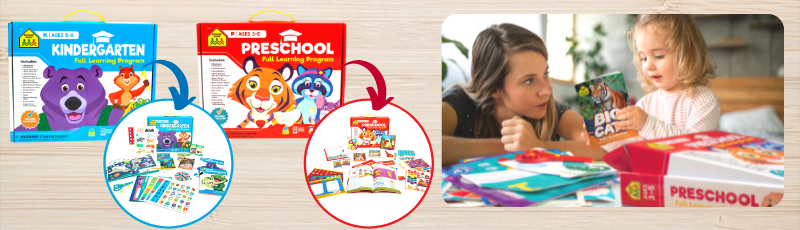 kindergarten and preschool full learning programs from school zone with a detail image of what is inside each box set and a lifestyle photo of a mother and young girl using the preschool full learning program