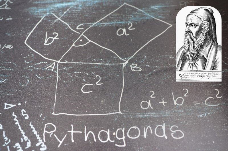 photo of a chalkboard with mathmatical equations written on it and a photo of the Greek philosopher and mathematician Pythagoras 