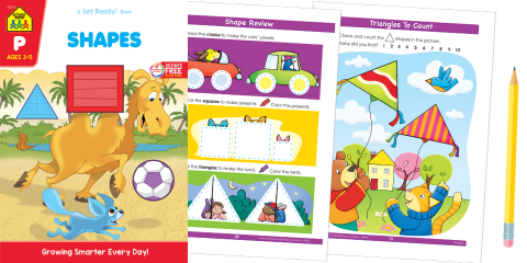 School Zone Shapes workbook for kids with two inside pages showing