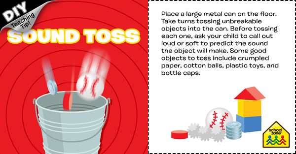 metal bucket with objects being thrown at it and activity instructions