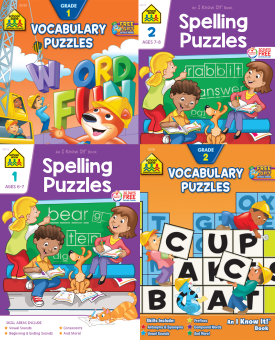 group of 4 workbooks for kids 2 vocabulary puzzles and 2 spelling puzzles 