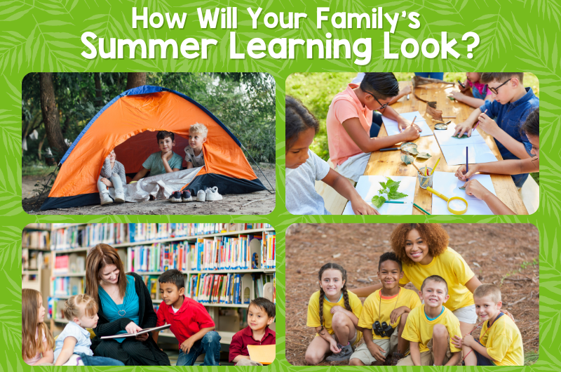 4 photos: kids outside in a tent, kids outside at a table learning about nature, young kids in a library reading with an adult, kids at summer camp with their camp councler in yellow t-shirts