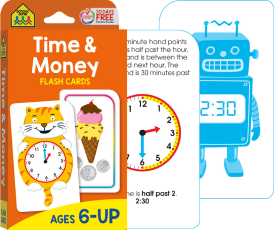 pack of time and money flash cards with two cards showing 2:30 on an analog clock and 2:30 on a digital clock