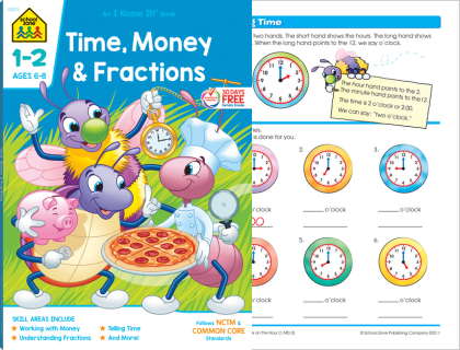 time money and fractions workbook for grades 1-2 with an illustration of three bugs on the cover and a page from the book showing one of the telling time to the hour pages