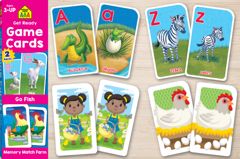 twp pack box of kids game cards go fish and memory match with eigh cards spread out in pairs