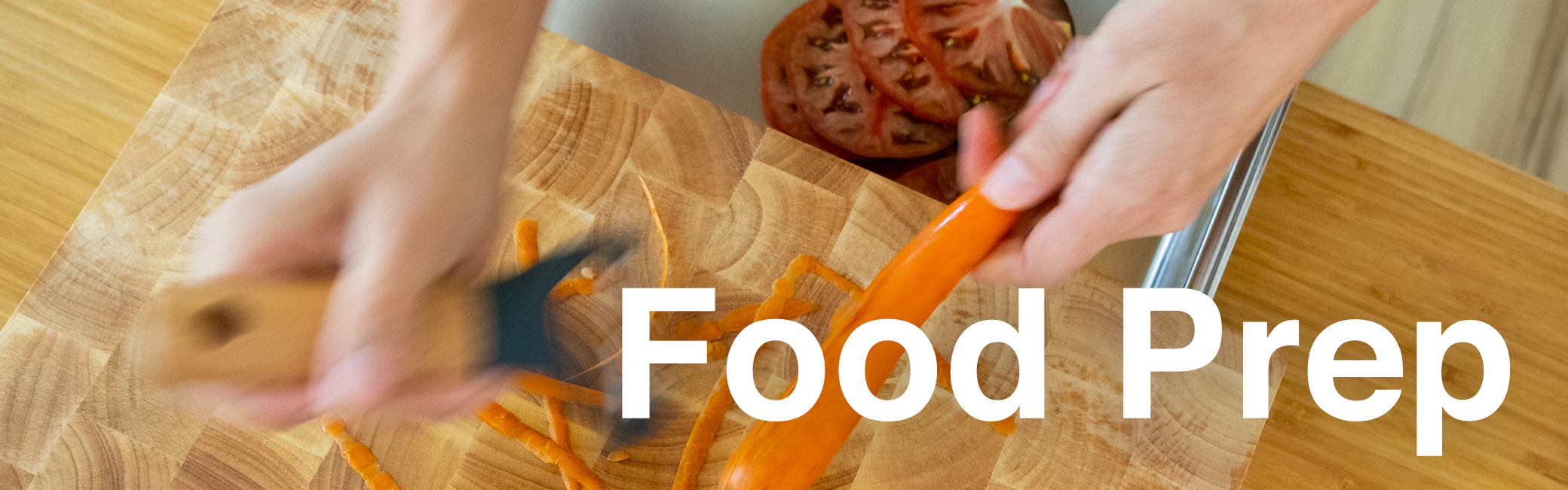 An image of a person prepping a carrot and tomatoes on a wood cutting board with white text that says 