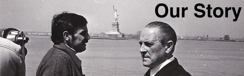 A vintage black and white image of the Lacor founder in New York City. The image has the text 