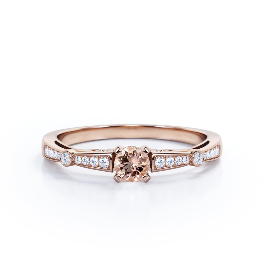 Prong style 0.75 carat Round cut Peach Pink Morganite and diamond tapered baguette engagement ring in White gold