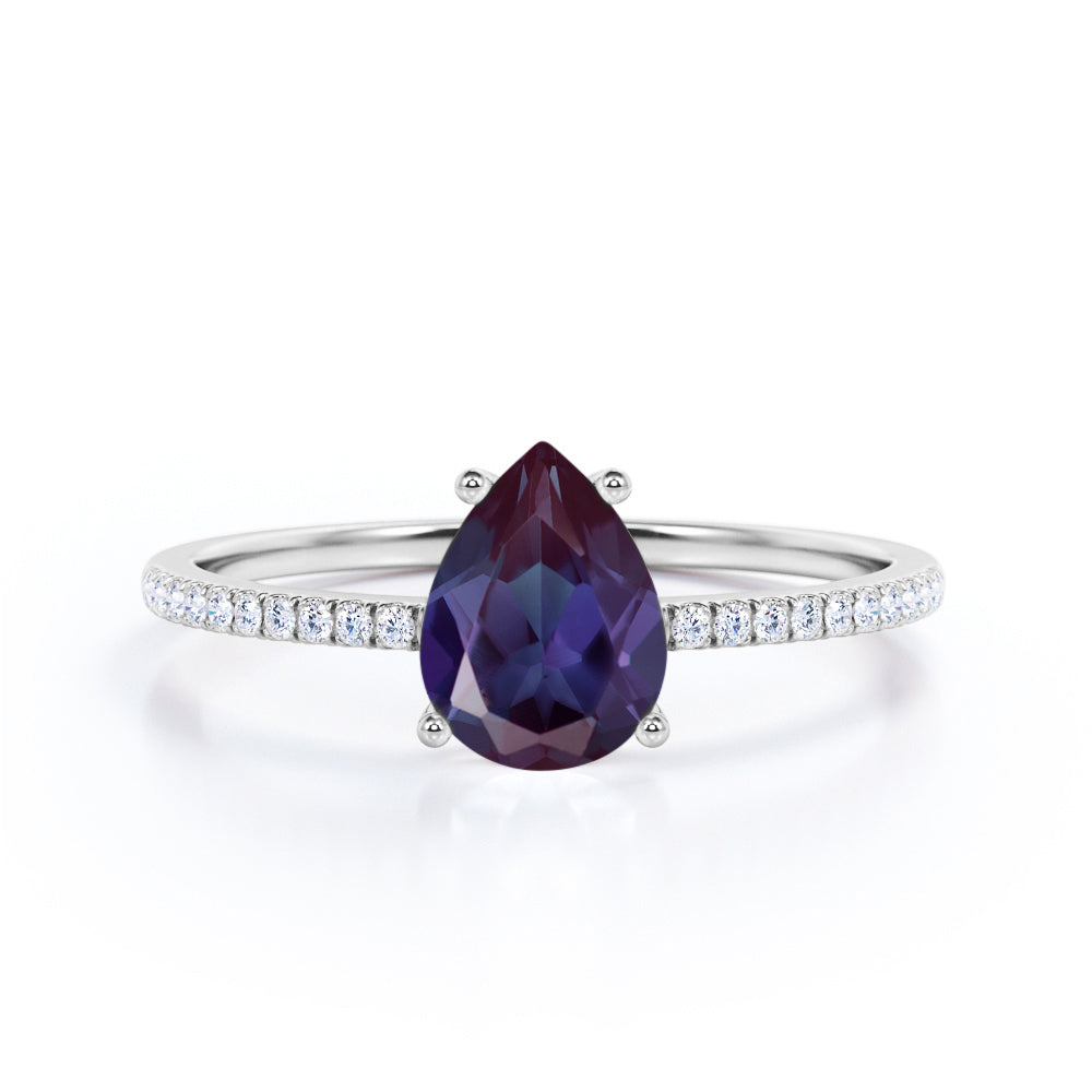 Classic 1.25 carat Pear cut Alexandrite and diamond eternity engagement ring in White gold - Radhes.com product image