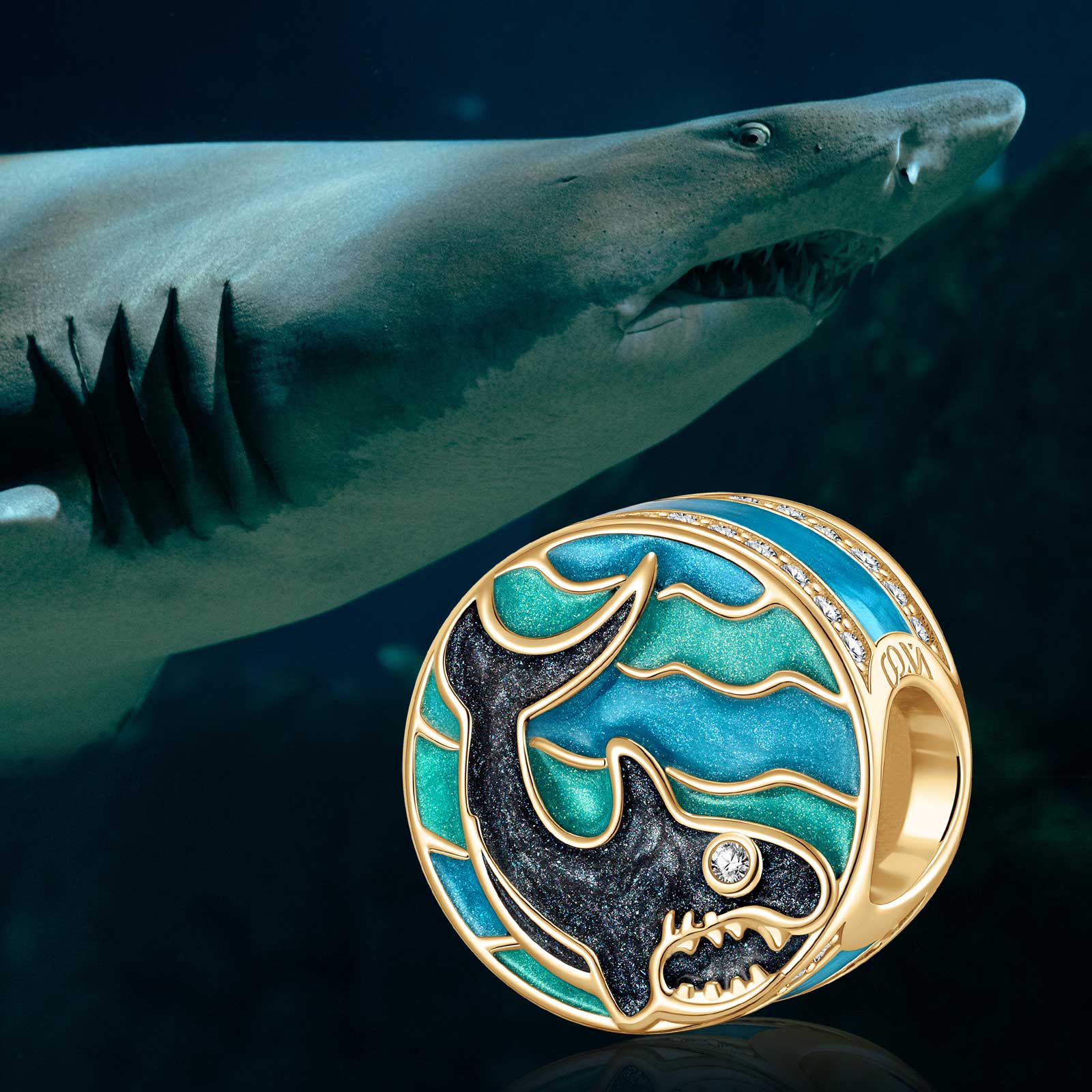 Black Shark Tarnish-resistant Silver Charms With Enamel In 14K Gold Plated