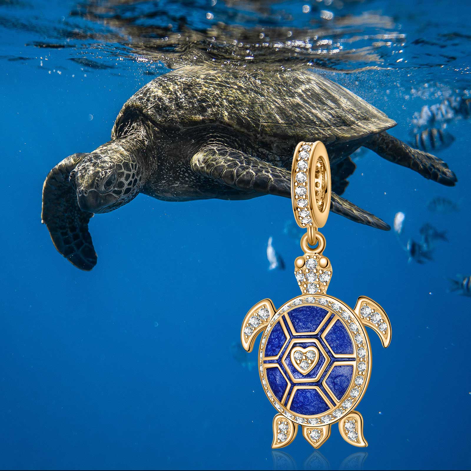 Blue Turtle Tarnish-resistant Silver Dangle Charms With Enamel In 14K Gold Plated