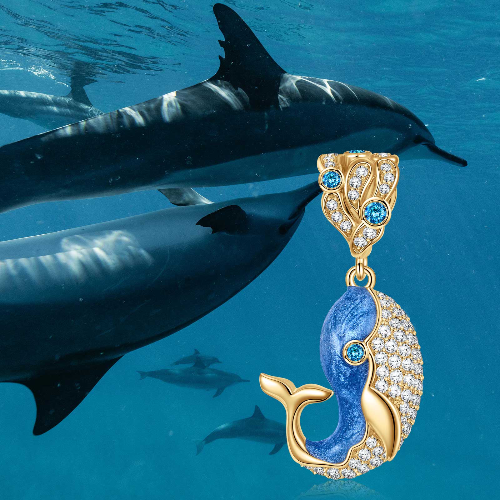 Cute Blue Whale Tarnish-resistant Silver Dangle Charms With Enamel In 14K Gold Plated