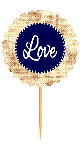 Love Navy Rustic Burlap Wedding Cupcake Decoration Topper Picks -12ct