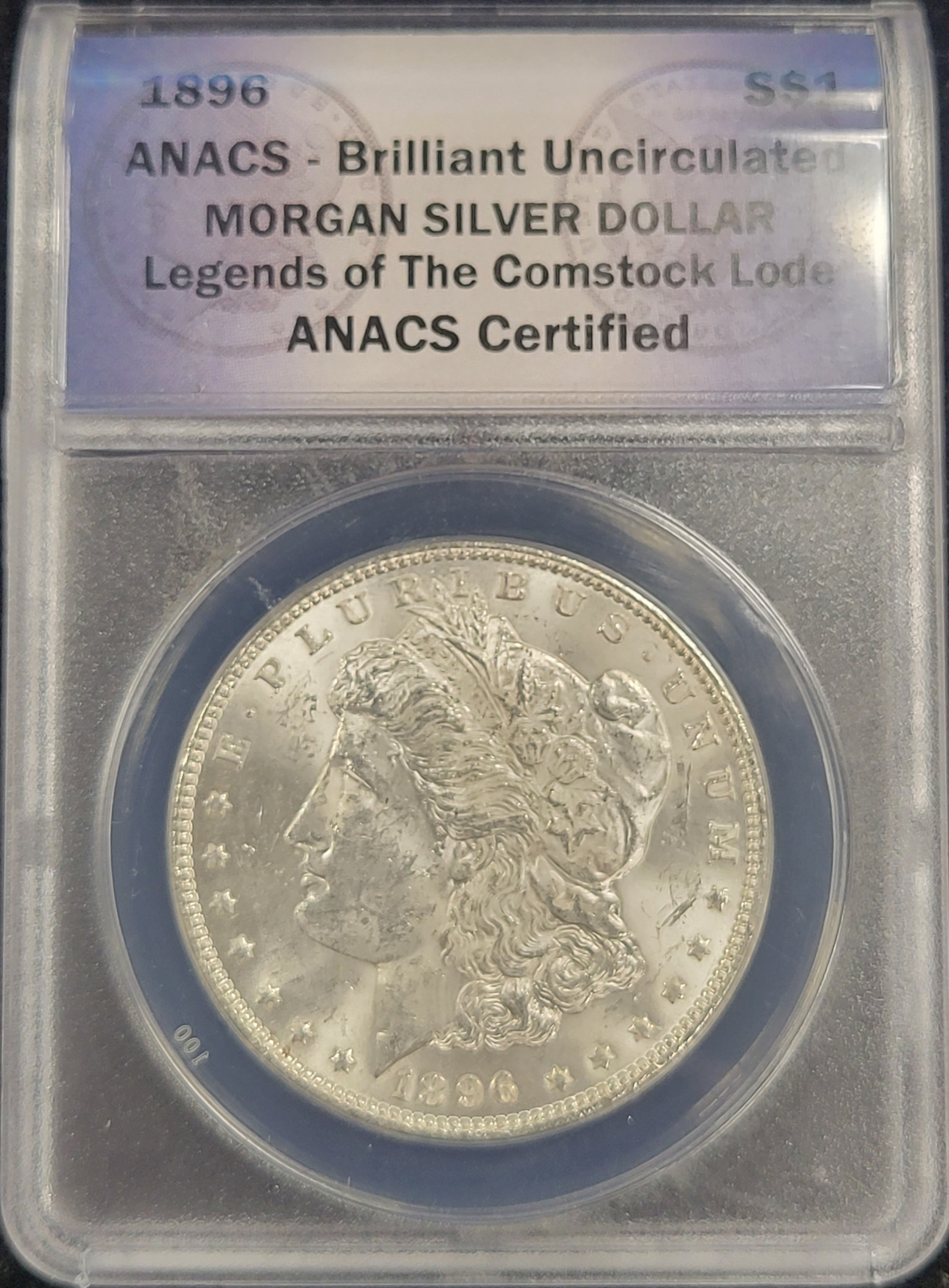 1896 Morgan Silver Dollar $1 ANACS certified Brillant Uncirculated Legends of the Comstock Lode