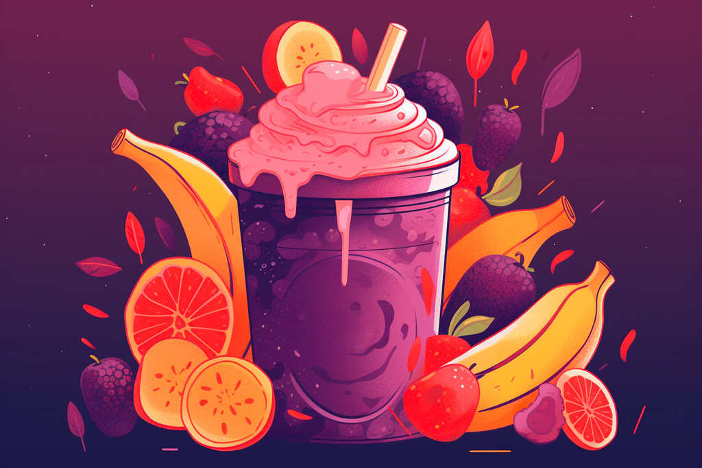 Illustration of a smoothie with assorted fruits behind it.