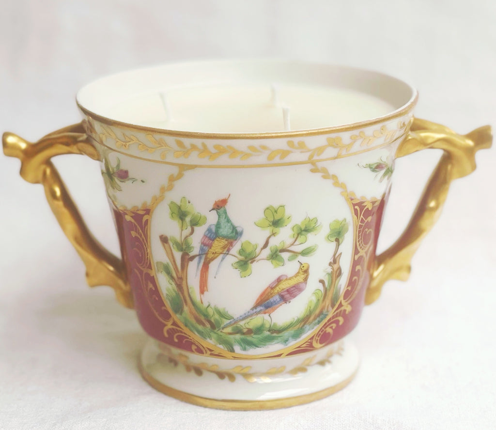 Antique Limoges Hand Painted Porcelain Cache Pot with Faux Bois Handles Scented Candle in Woodland Garden Fragrance