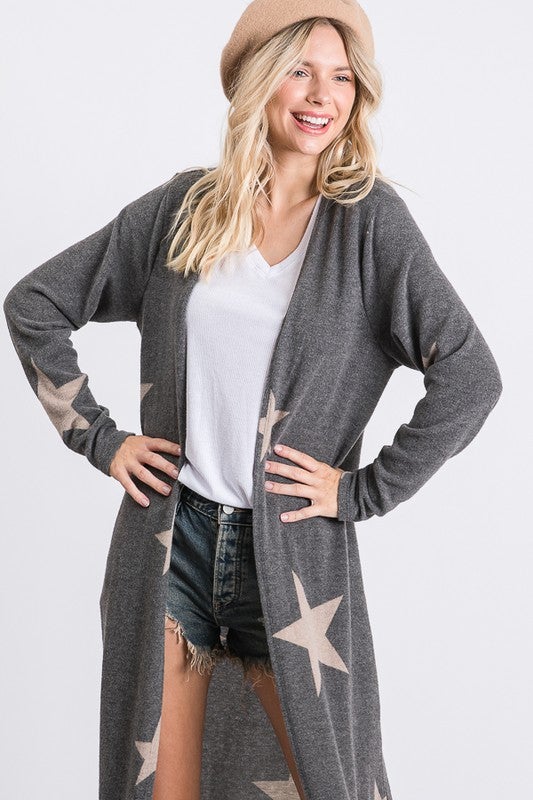 first love star print brushed open front cardigan
