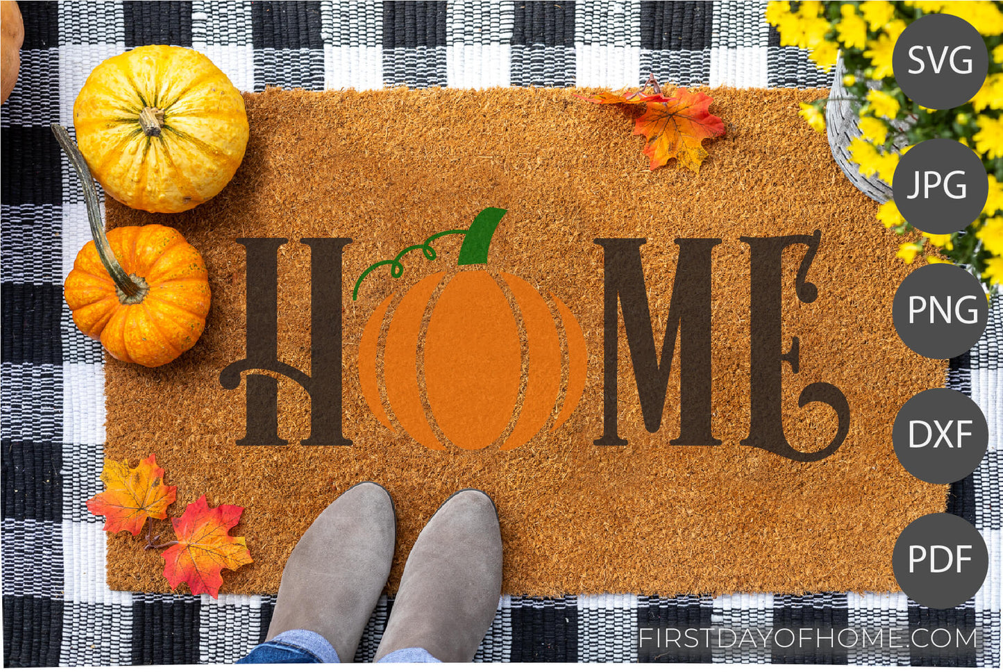 Mockup example of Home fall doormat design with pumpkin for "o" using digital files. Lists digital files as SVG, JPG, PNG, DXF and PDF