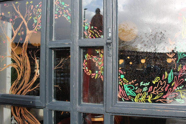 Autumn Westbury Park Pub 2021 Bristol, UK  Window glass, chalk paint