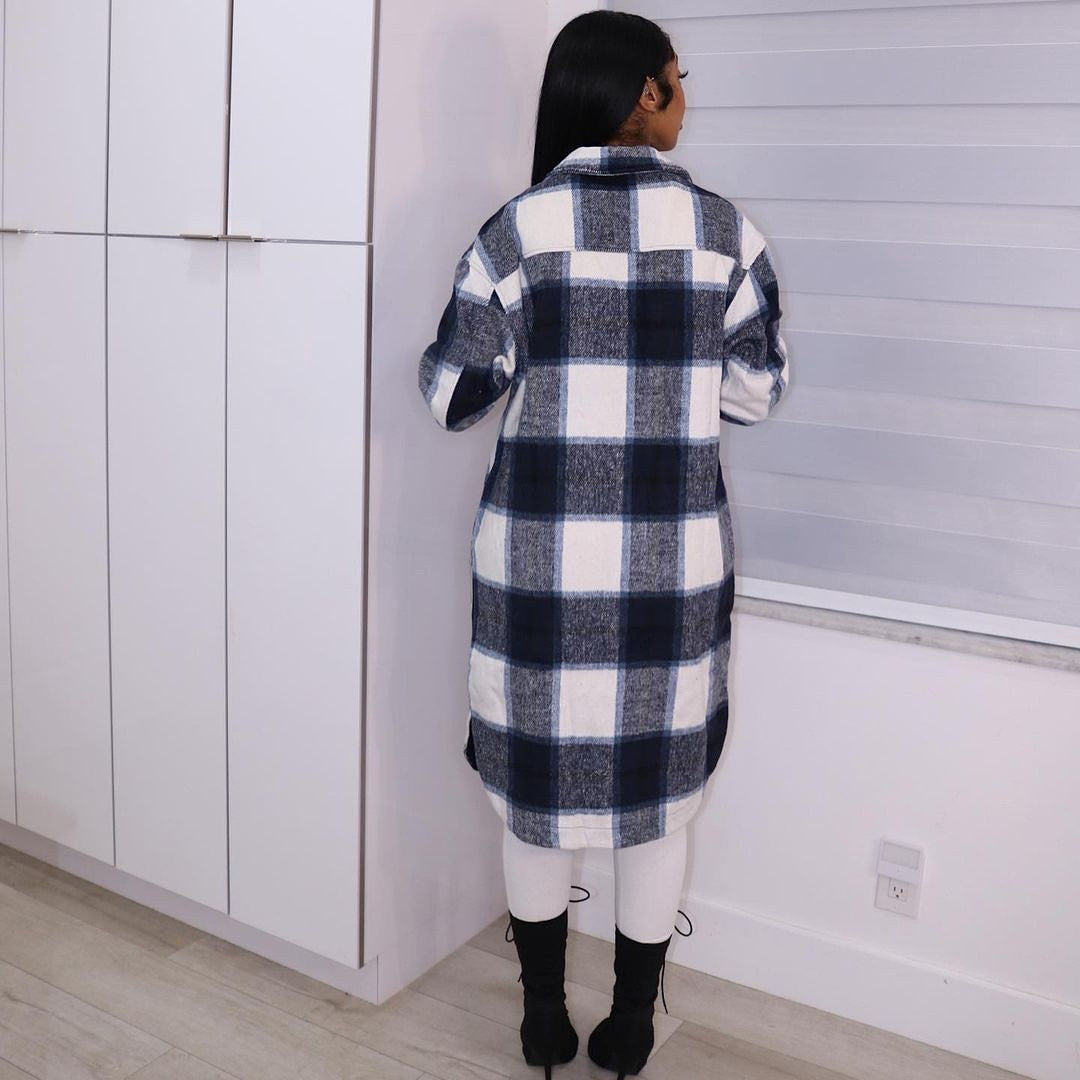 checkered single breasted long flannel plaid jacket