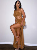 off shoulder twisted knotted hollow out slit maxi dress