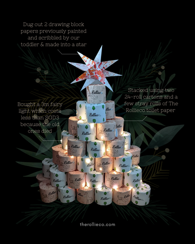 Rollieco toilet rolls stacked in the shape of Christmas trees with a upcycled DIY star topper