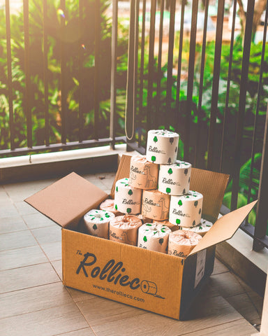 The Rollieco box of recycled toilet paper on balcony in the sunset