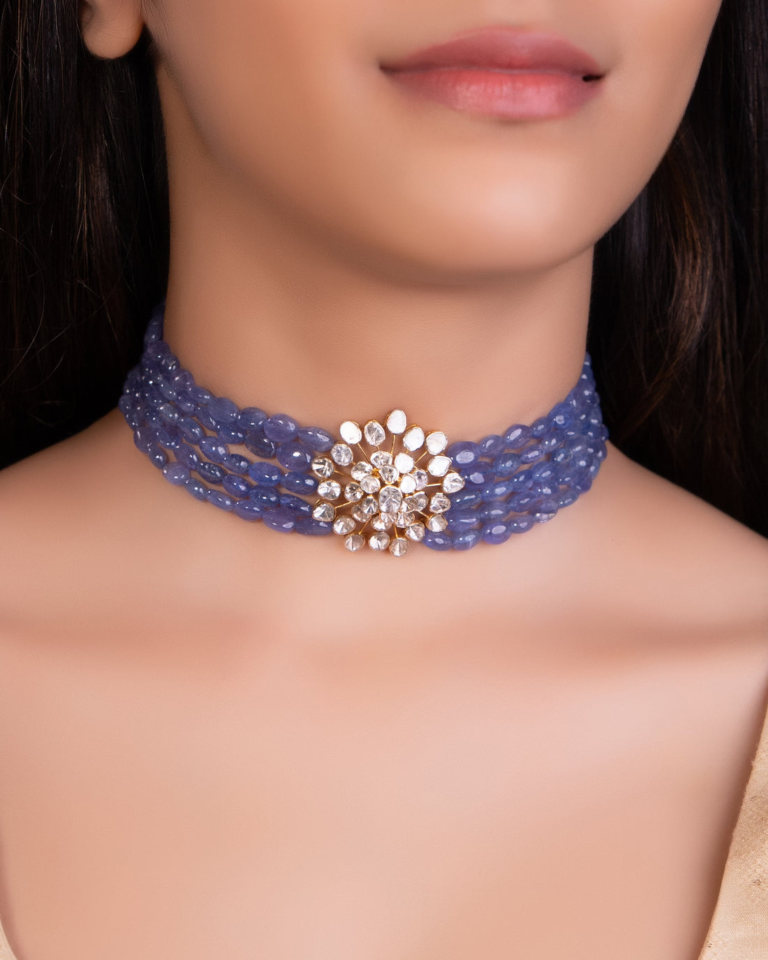 Polki Hanging Beads Blue Single Line Choker/Necklace – Amazel Designs