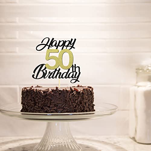 Sumerk Happy 50th Birthday Cake Toppers Black & Gold Glitter 50th Birt ...