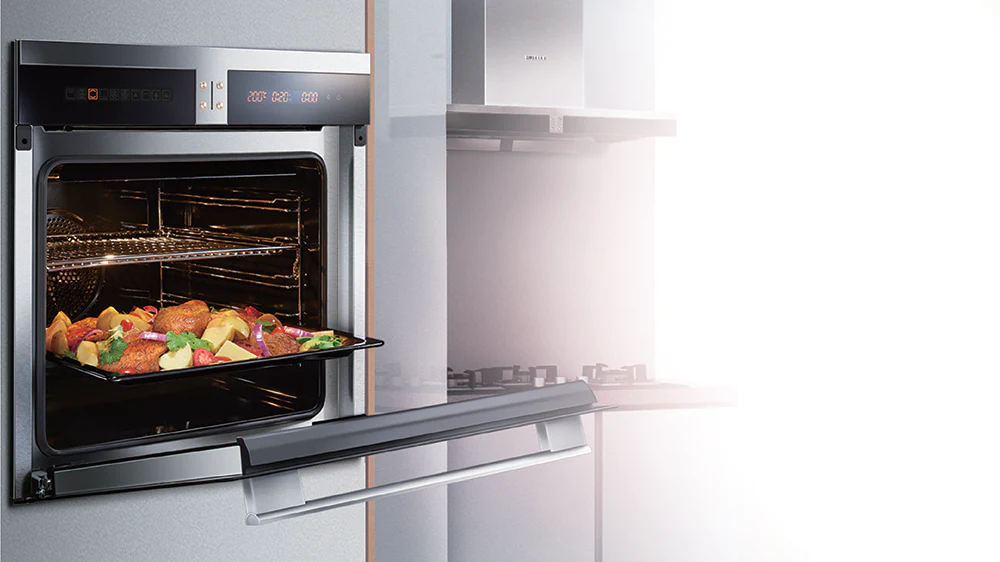 FOTILE Built-in Convection Oven open with food cooking inside.