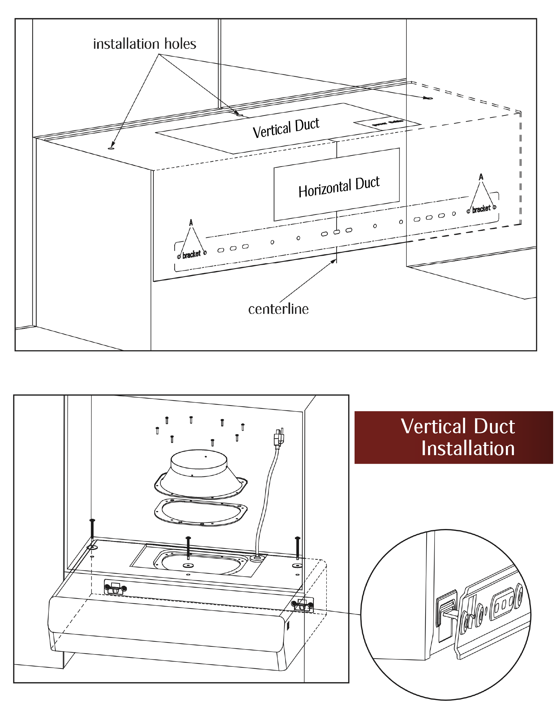 Vertical duct installation diagram for Pixie Air range hood