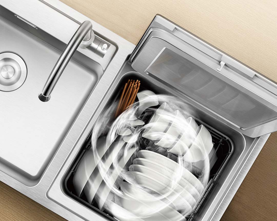 Illustration of water swirling in a FOTILE sink dishwasher that's loaded with dishes