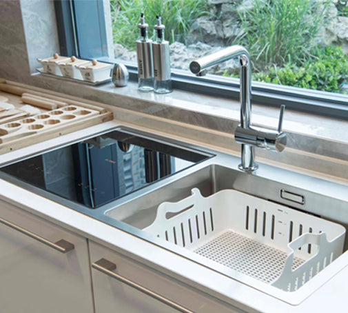 SD2F-P3二合一水槽式洗碗机在现代厨房中的特写。