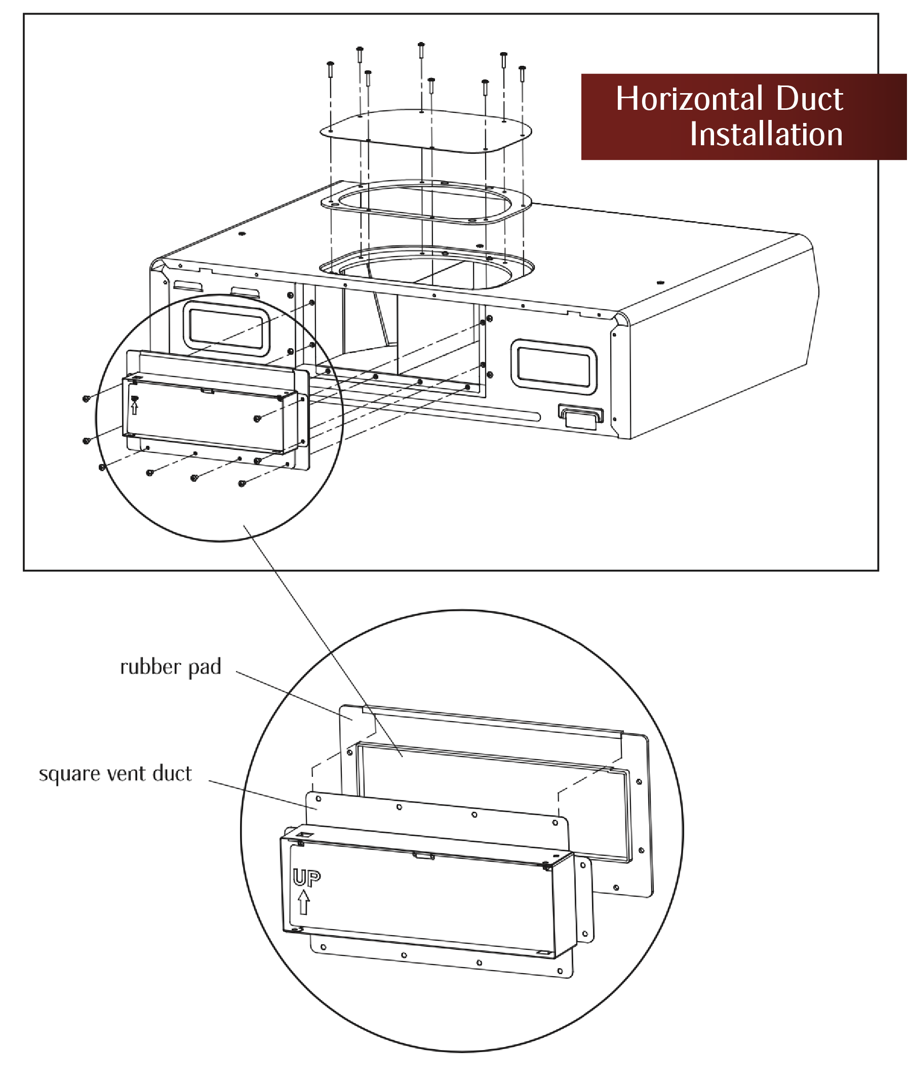 Horizontal duct installation diagram for Pixie Air range hood