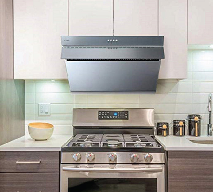 Silver Gray JQG02 Series 30-inch range hood mounted on white cabinets.