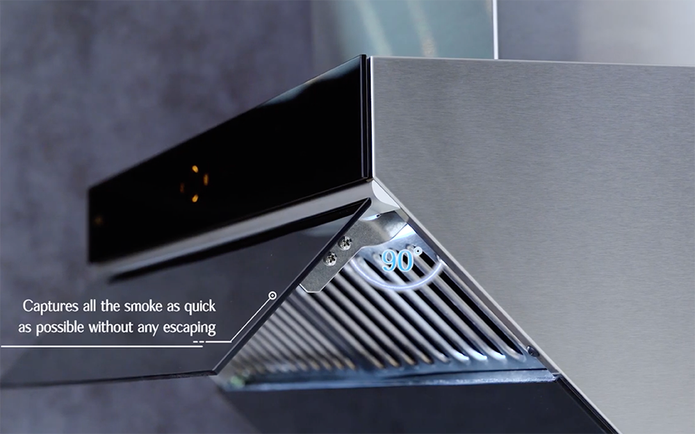 QG05 Series under cabinet or wall mount range hood with 90-degree automatic open/close fume capture shield.