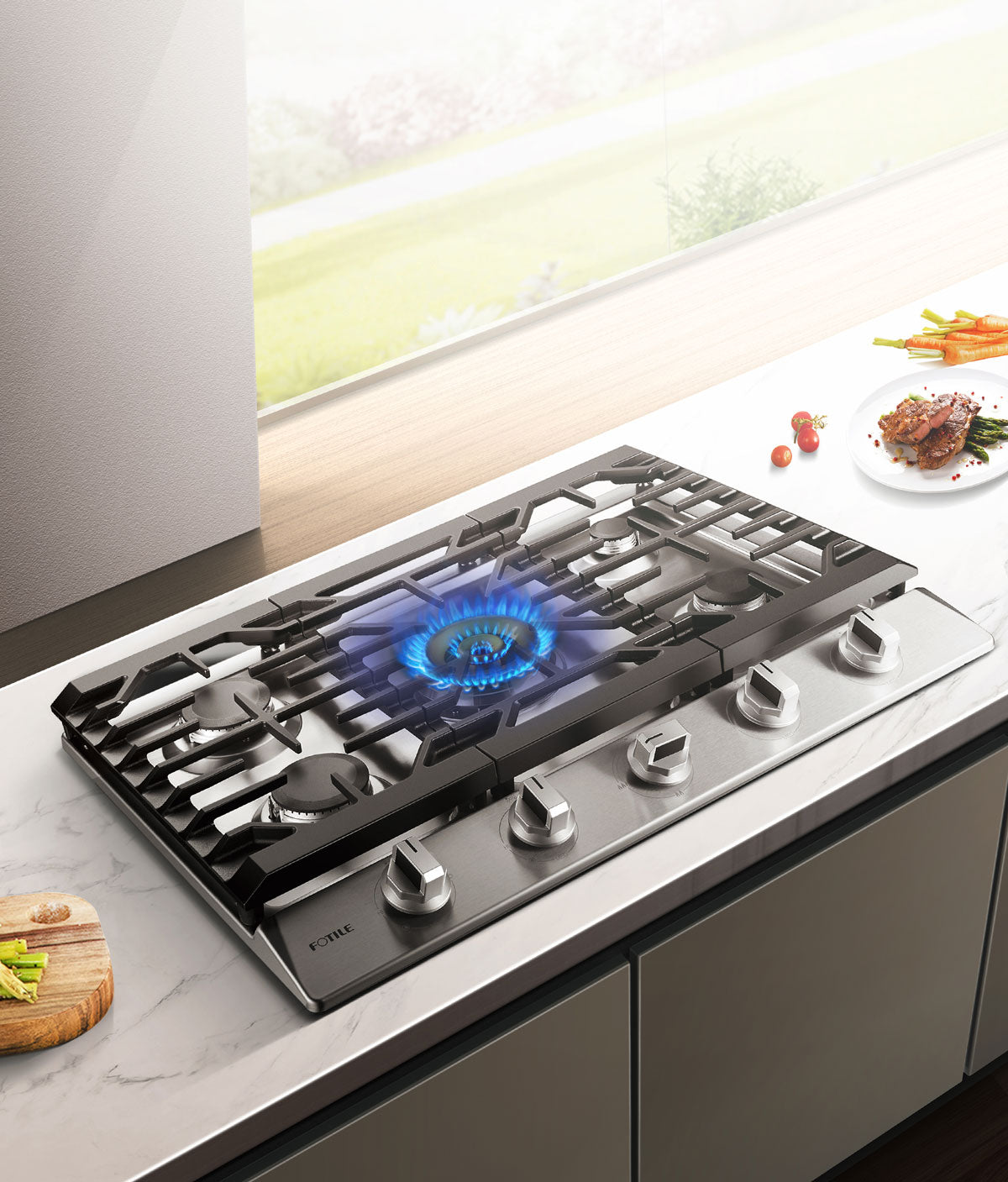 5-burner gas cooktop with center burner ignited in a modern kitchen.