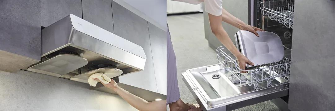 Side by side image of a woman wiping the Captur-Shield Plate and putting it in the dishwasher for cleaning