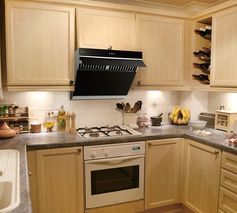 Black JQG02 Series mounted under wood cabinets in a kitchen.