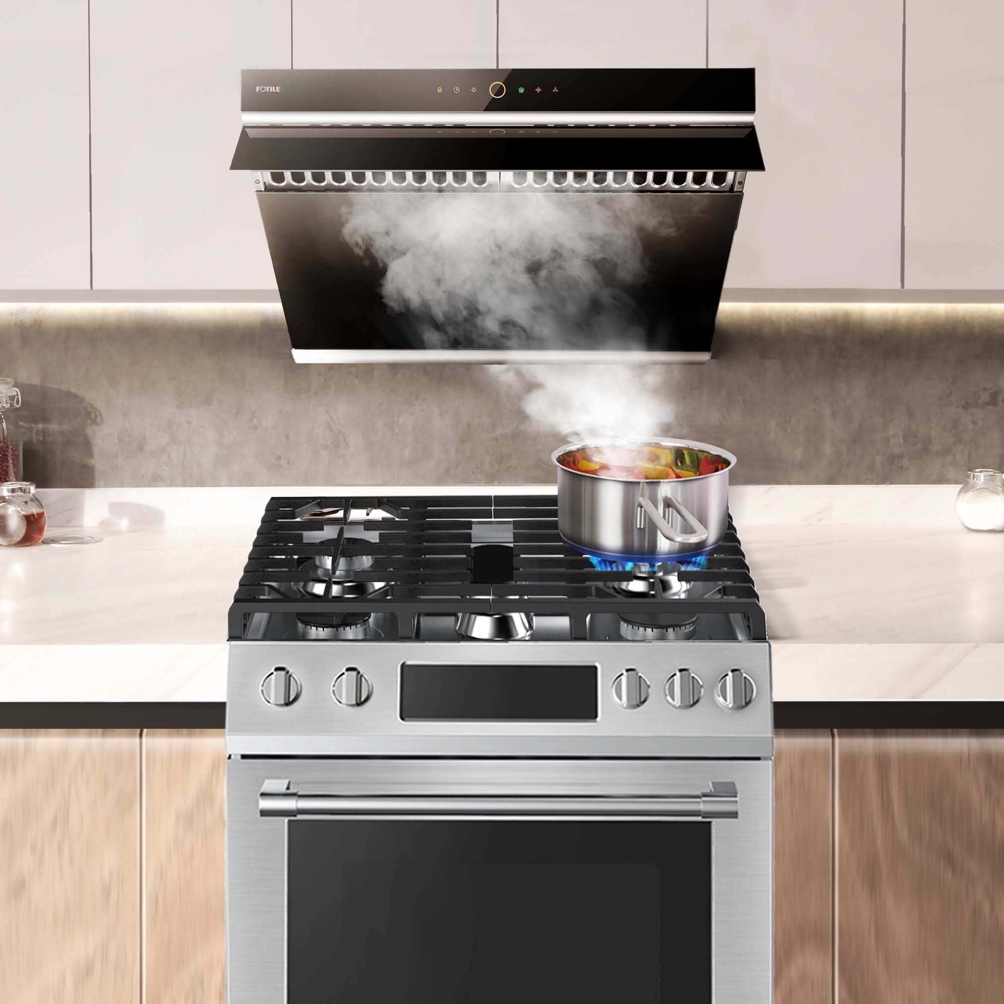 FOTILE Black Range Hood Absorbing Kitchen Steam from a Cooking Pot on a Stovetop