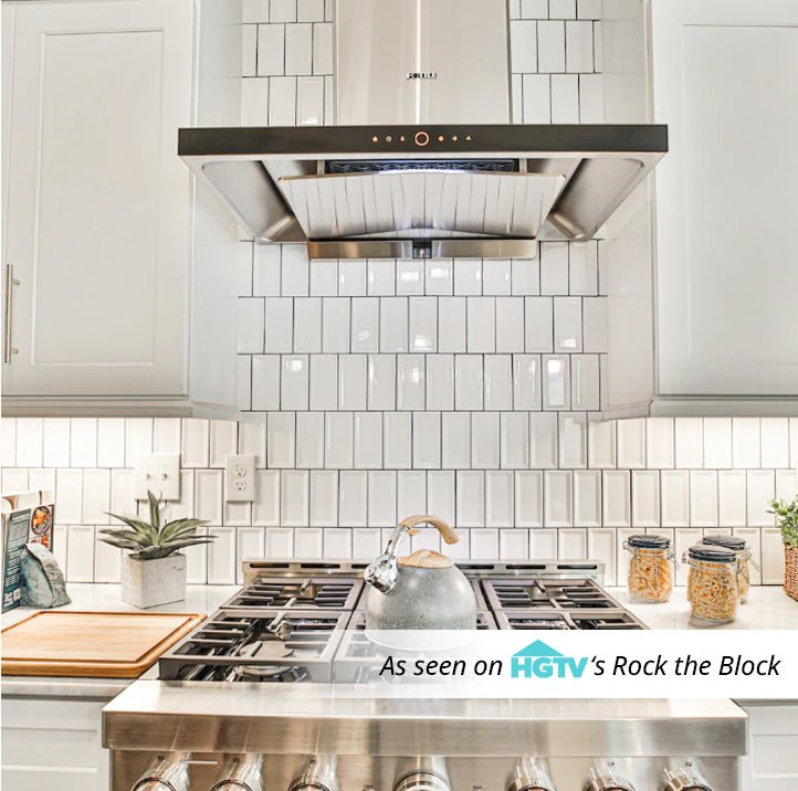 FOTILE Stainless Steel Range Hood in a Light White Tiled Kitchen