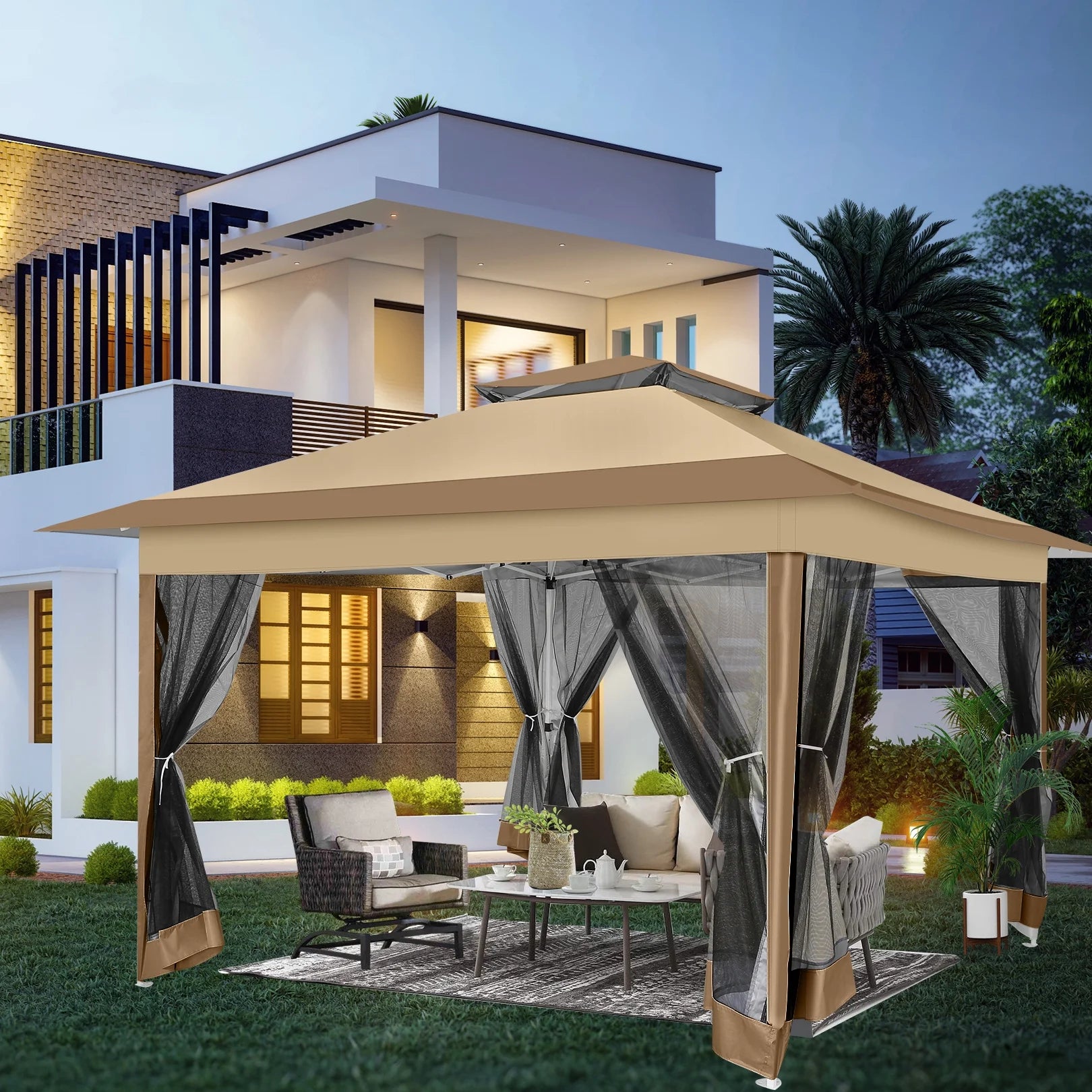 COBIZI 12'x12' Pop Up Gazebo Patio Gazebo Outdoor Gazebo Canopy with Mosquito Netting Patio Tent Backyard Canopy with 2-Tiered Vented Top 3 Adjustable Height and 144 Square Ft of Shade, Brown