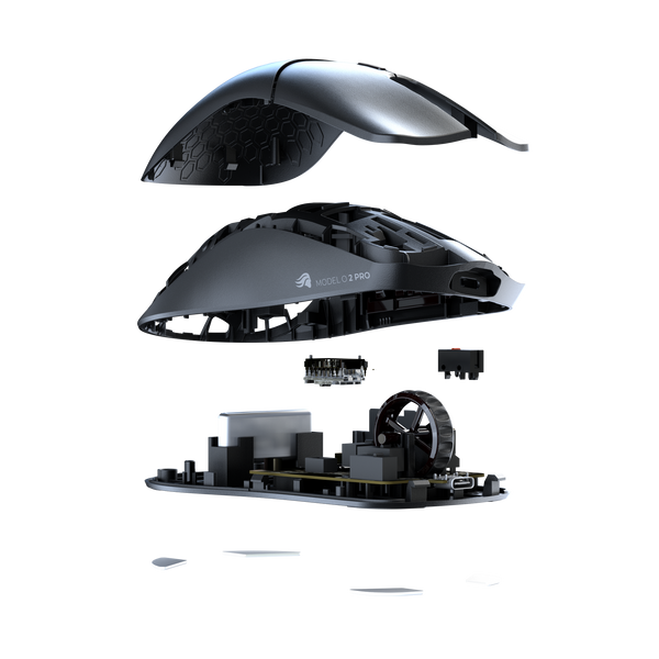 Imager of Model O 2 PRO exploded, so you can see the inside of the mouse